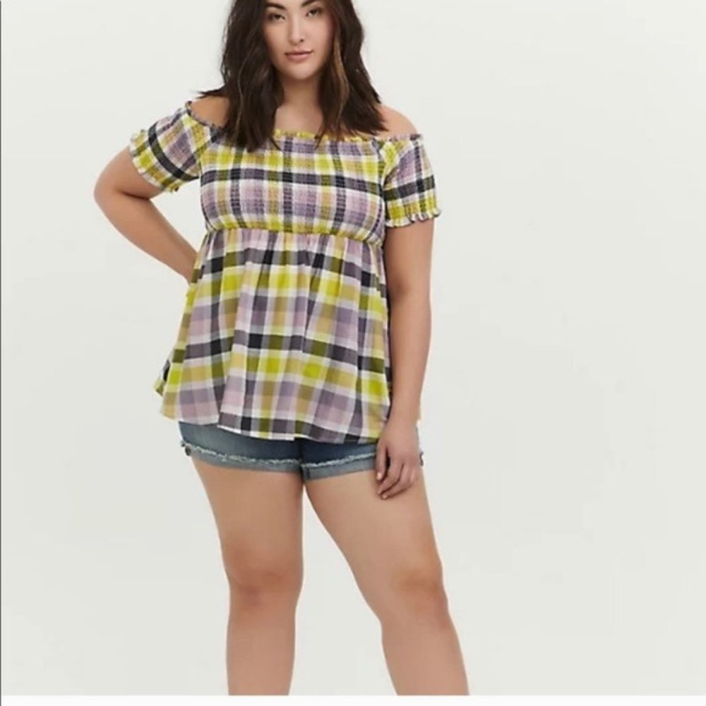 Torrid Plaid Off The Shoulder Babydoll Top